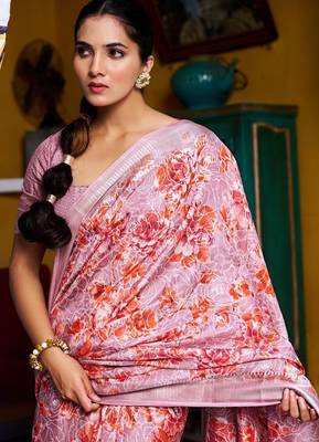 pink floral print silk blend ready to wear saree with pocket | pre draped party wear saree 5