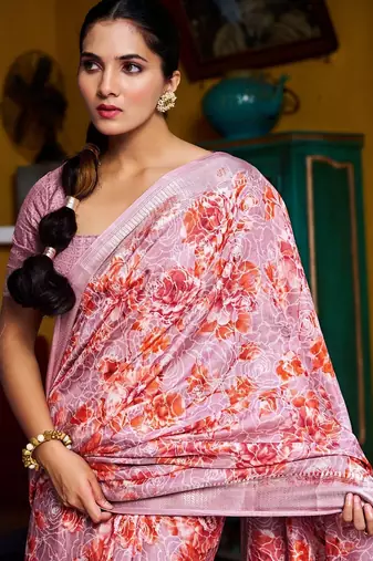 pink floral print silk blend ready to wear saree with pocket | pre draped party wear saree