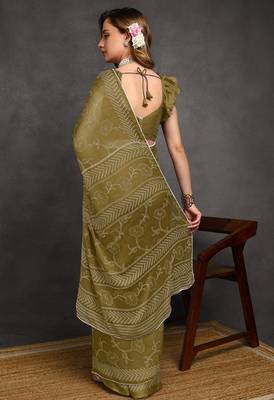 green floral print chiffon ready to wear saree | pre draped party wear saree 3