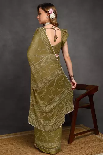 green floral print chiffon ready to wear saree | pre draped party wear saree