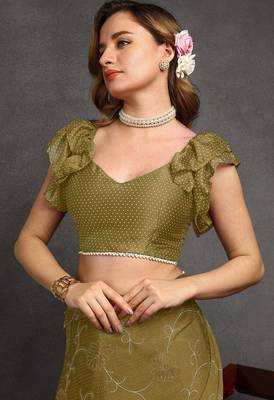 green floral print chiffon ready to wear saree | pre draped party wear saree 4
