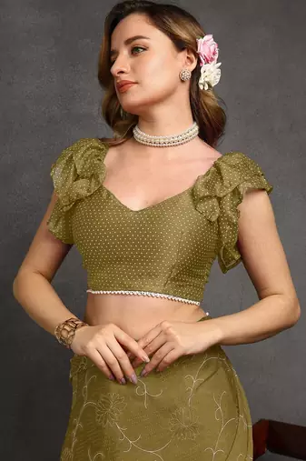 green floral print chiffon ready to wear saree | pre draped party wear saree