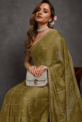 green floral print chiffon ready to wear saree | pre draped party wear saree 5