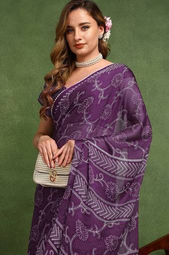 purple floral print chiffon ready to wear saree | pre draped party wear saree