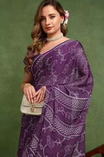 purple floral print chiffon ready to wear saree | pre draped party wear saree
