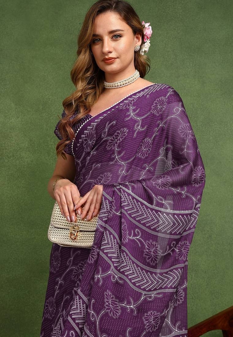 purple floral print chiffon ready to wear saree | pre draped party wear saree