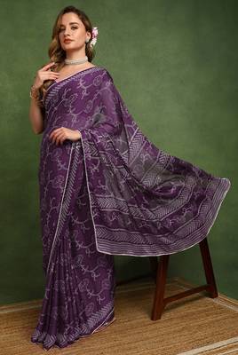 purple floral print chiffon ready to wear saree | pre draped party wear saree 2