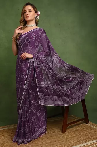 purple floral print chiffon ready to wear saree | pre draped party wear saree