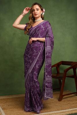 purple floral print chiffon ready to wear saree | pre draped party wear saree 3