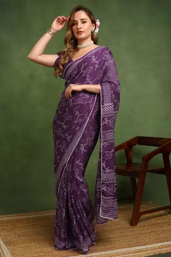 purple floral print chiffon ready to wear saree | pre draped party wear saree