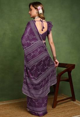 purple floral print chiffon ready to wear saree | pre draped party wear saree 4