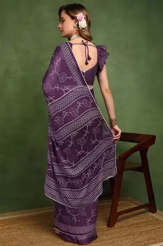 purple floral print chiffon ready to wear saree | pre draped party wear saree