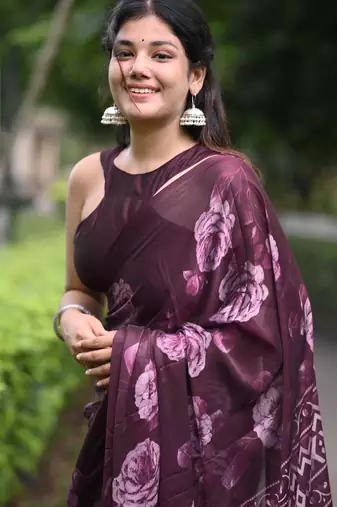 wine floral print chiffon ready to wear saree | pre draped party wear saree