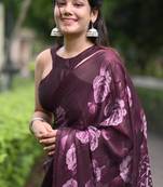 wine floral print chiffon ready to wear saree | pre draped party wear saree