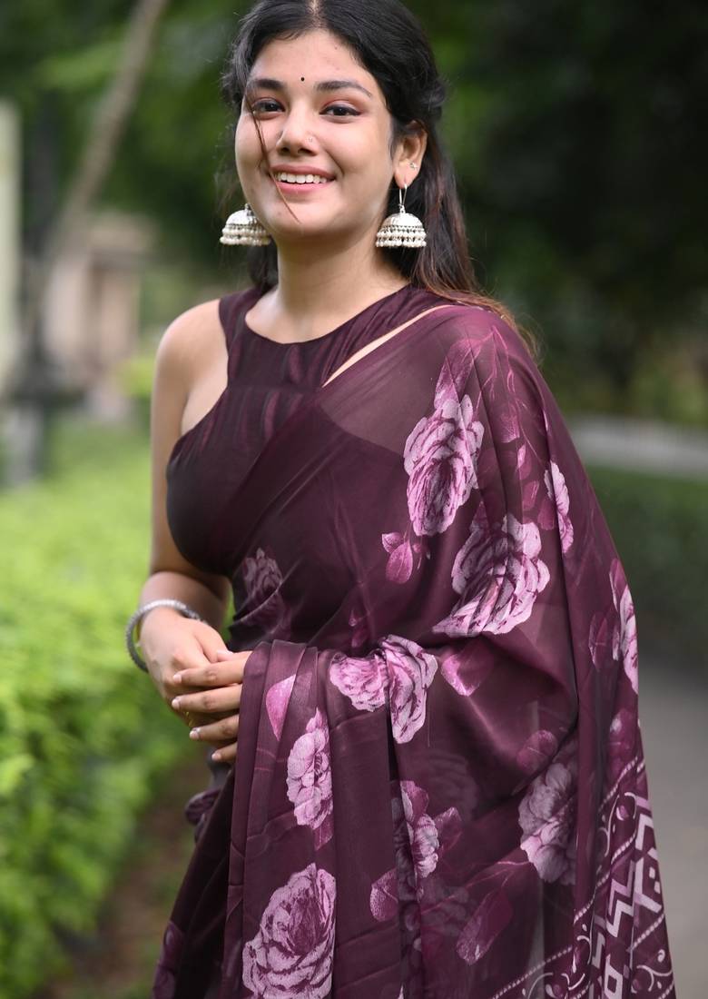 wine floral print chiffon ready to wear saree | pre draped party wear saree