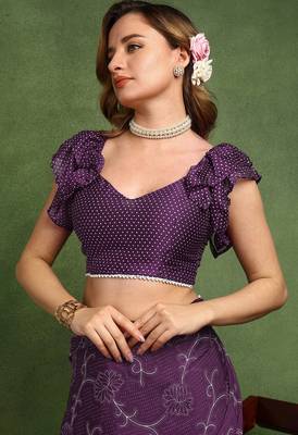 purple floral print chiffon ready to wear saree | pre draped party wear saree 5