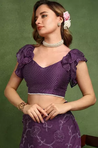purple floral print chiffon ready to wear saree | pre draped party wear saree