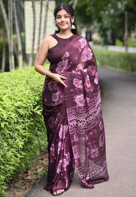 wine floral print chiffon ready to wear saree | pre draped party wear saree 2