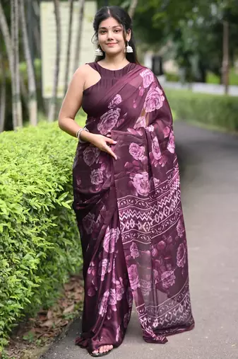 wine floral print chiffon ready to wear saree | pre draped party wear saree