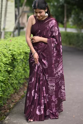 wine floral print chiffon ready to wear saree | pre draped party wear saree