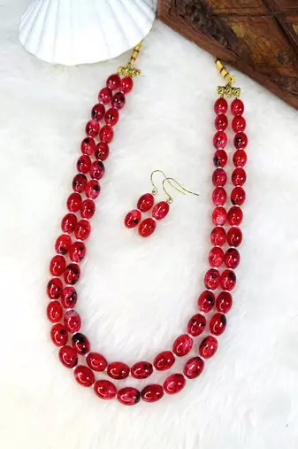 Dhivara latest two layer oval shap red pearl necklace set