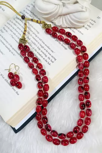 Dhivara latest two layer oval shap red pearl necklace set