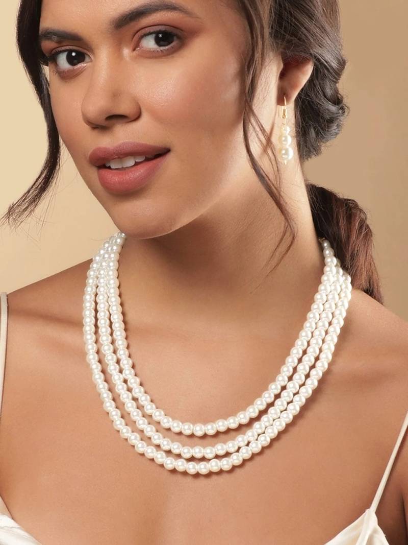 WHITE COLOR three layer pearl necklace set