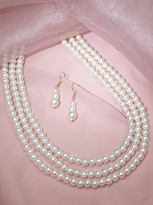 WHITE COLOR three layer pearl necklace set 2