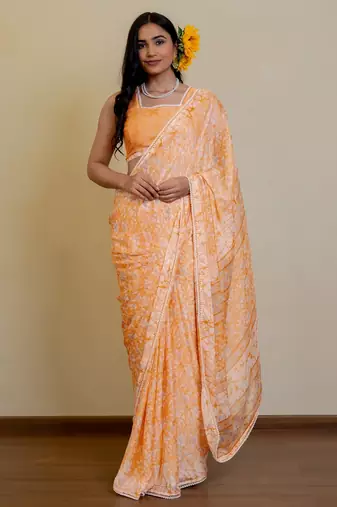 orange floral print chiffon ready to wear saree | pre draped party wear saree