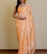 orange floral print chiffon ready to wear saree | pre draped party wear saree
