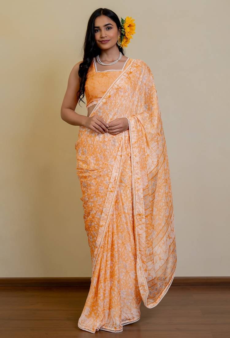 orange floral print chiffon ready to wear saree | pre draped party wear saree