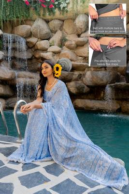 blue floral print chiffon ready to wear saree | pre draped party wear saree 2