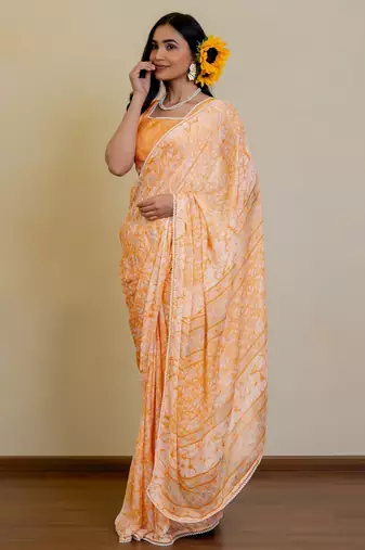 orange floral print chiffon ready to wear saree | pre draped party wear saree
