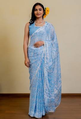 blue floral print chiffon ready to wear saree | pre draped party wear saree 1