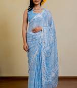 blue floral print chiffon ready to wear saree | pre draped party wear saree