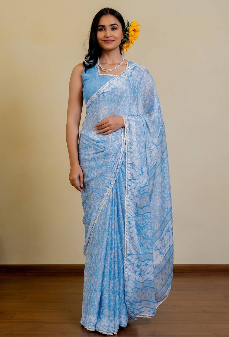 blue floral print chiffon ready to wear saree | pre draped party wear saree