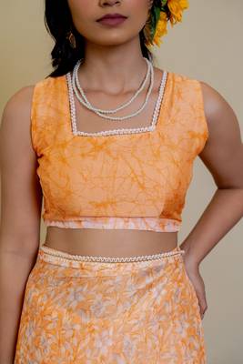 orange floral print chiffon ready to wear saree | pre draped party wear saree 4