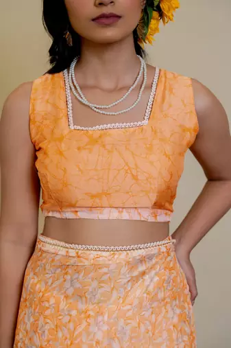 orange floral print chiffon ready to wear saree | pre draped party wear saree