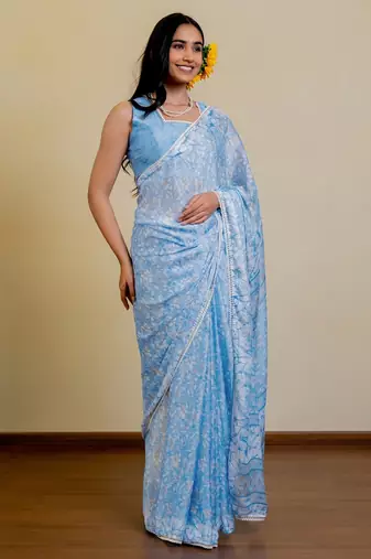 blue floral print chiffon ready to wear saree | pre draped party wear saree
