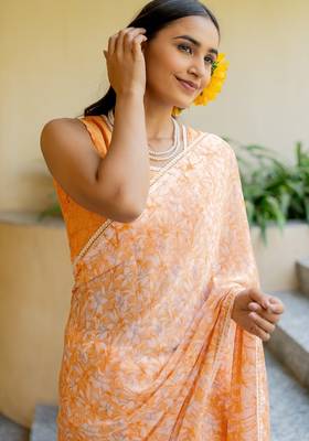 orange floral print chiffon ready to wear saree | pre draped party wear saree 5