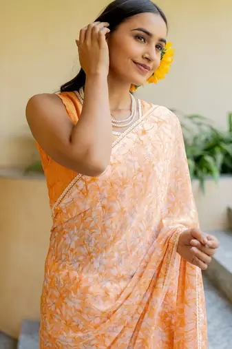 orange floral print chiffon ready to wear saree | pre draped party wear saree