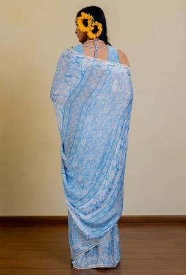 blue floral print chiffon ready to wear saree | pre draped party wear saree 4