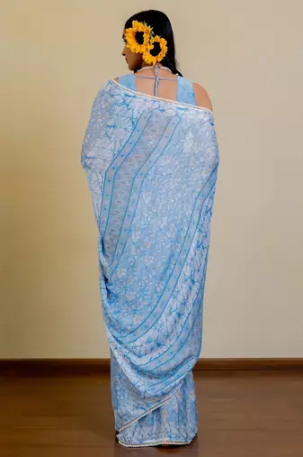 blue floral print chiffon ready to wear saree | pre draped party wear saree