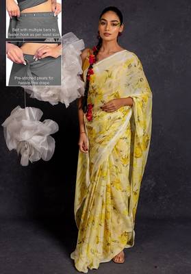 yellow floral print chiffon ready to wear saree | pre draped party wear saree 2