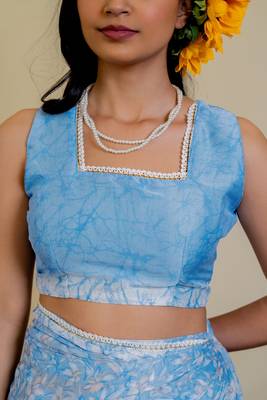 blue floral print chiffon ready to wear saree | pre draped party wear saree 5