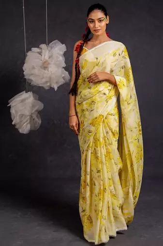 yellow floral print chiffon ready to wear saree | pre draped party wear saree