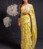 yellow floral print chiffon ready to wear saree | pre draped party wear saree