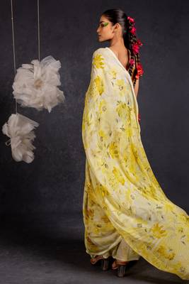 yellow floral print chiffon ready to wear saree | pre draped party wear saree 3