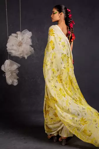 yellow floral print chiffon ready to wear saree | pre draped party wear saree