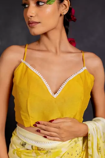 yellow floral print chiffon ready to wear saree | pre draped party wear saree